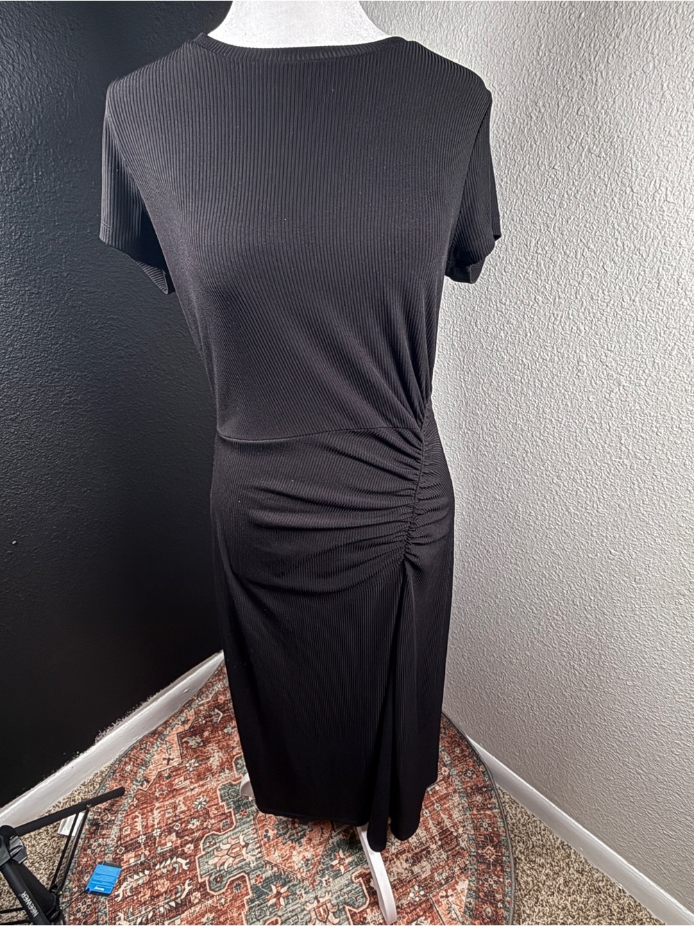 Michael Kors Black Ruched-Side Ribbed Midi Dress